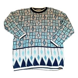 90s Geometric Grandpa Sweater Mens XLarge Blue White Retro  Unisex‎